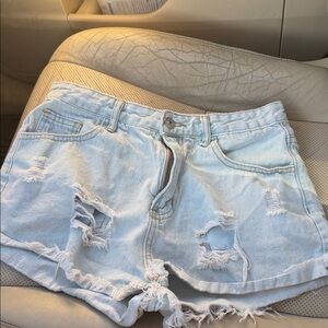 Light Wash Distressed Denim Shorts - Women